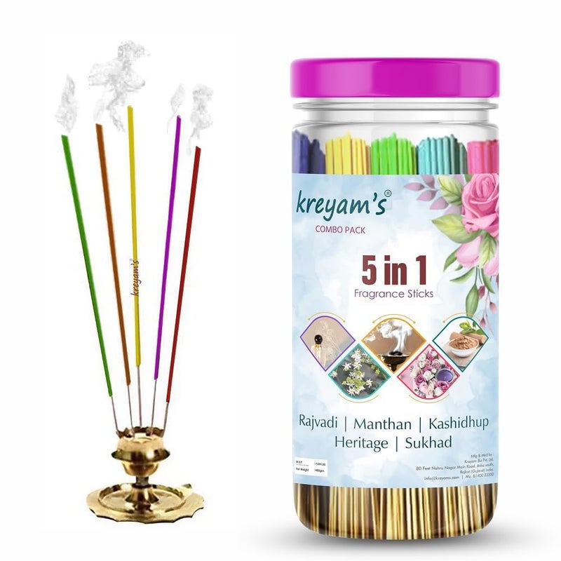 Kreyams Incense Sticks Charcoal Free Dhup Agarbatti for Pooja Gift 5 Fragrance Rose Heritage kashidhup Heritage Sukhad 45 Stick Each Total 225 Sticks - Image 1