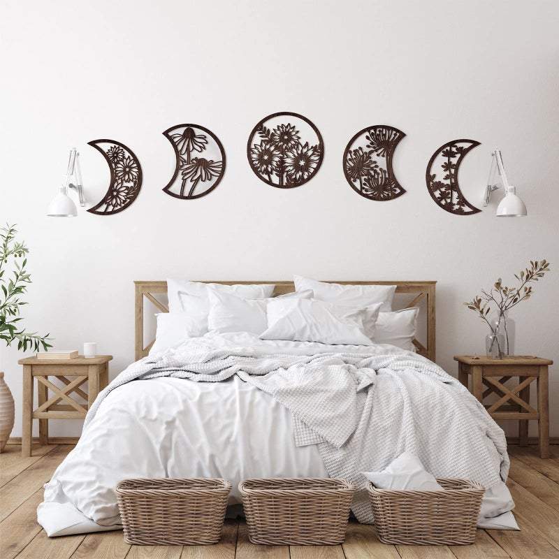 Jetec 5 Pcs Moon Phase Wall Hanging Decor Art Above Bed 106 H Boho Moon Phase Wood Wall Pediment Ornament for Living Room Bedroom Home Decoration Room Apartment BarBrown