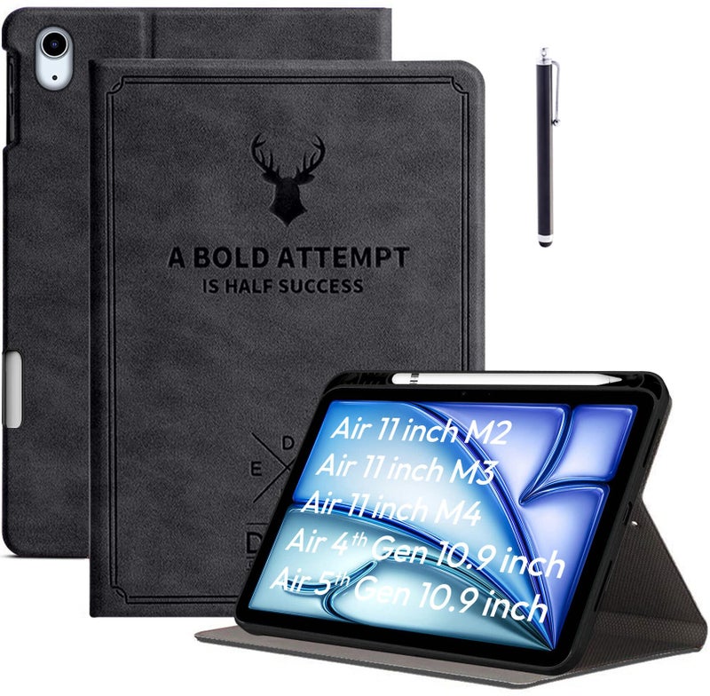 Robustrion for iPad Air 11 inch Cover M4/M3/M2 / iPad Air 5th Generation Cover Case/iPad Air 4th Generation Deer Pattern Flip Case with Pencil Holder [Right Side] - Black - Image 1