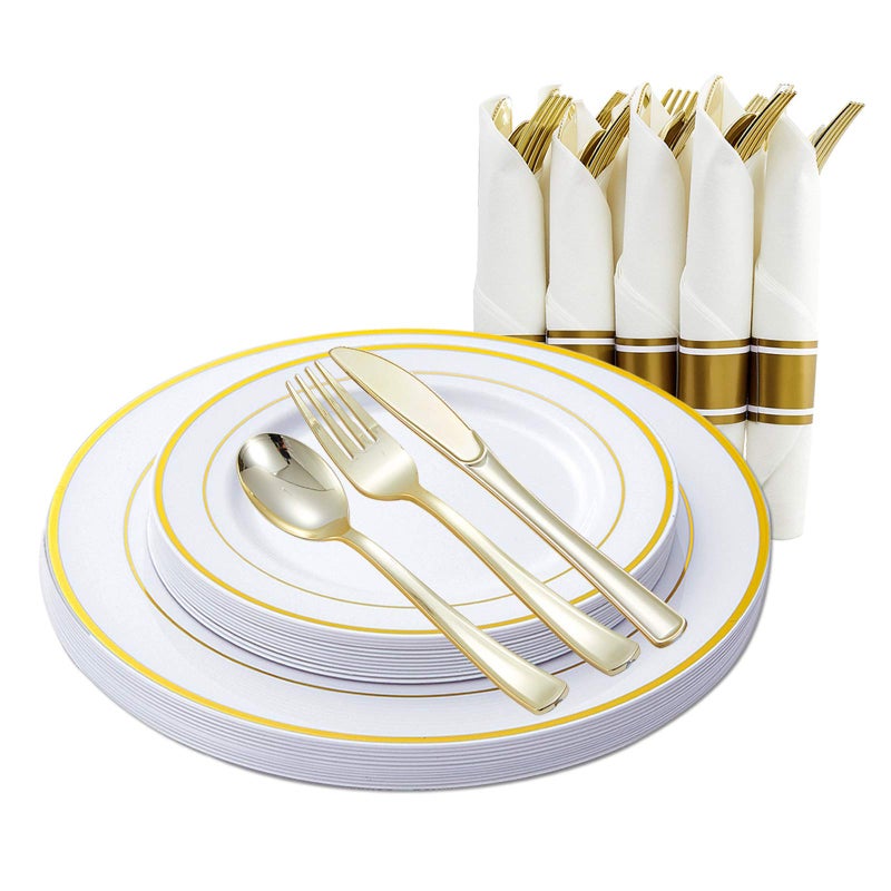 Gold Plastic Plates and Disposable Silverware wPerRolled NapkinsHome Parties Heavy Duty Dinnerware incl Dinner PlatesLinen Like Napkin Cutlery72 pcs12 Guests