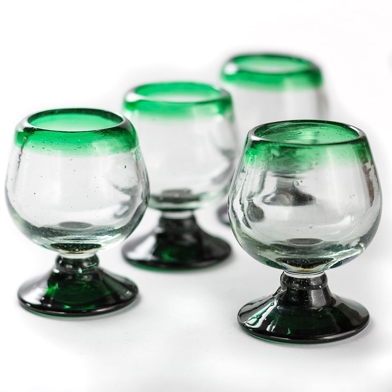 MEXTEQUIL Authentic Mexican Tequila Hand Blown Shot Glasses Set of 42 oz Mini Glass Snifters Heavy Base Cognac Green Rim