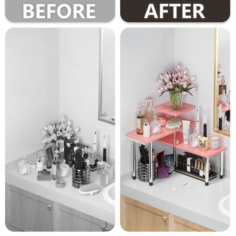 ZHWS Bathroom Counter Organizer Corner Shelf â€“ Bathroom Organization Bamboo 3 Tier Spice Rack Makeup Organizer Bookshelf Space Saving Rack Kitchen Office Living Room (Pink) - Image 3