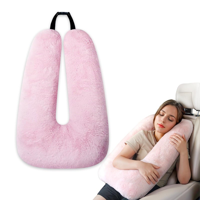 Atablyn Pink Soft Cotton Travel Neck Pillow -Ergonomic Support for Child and Adult Car Seats, Cozy Compact Pillow for Long-Distance Travel Essentials - Image 1