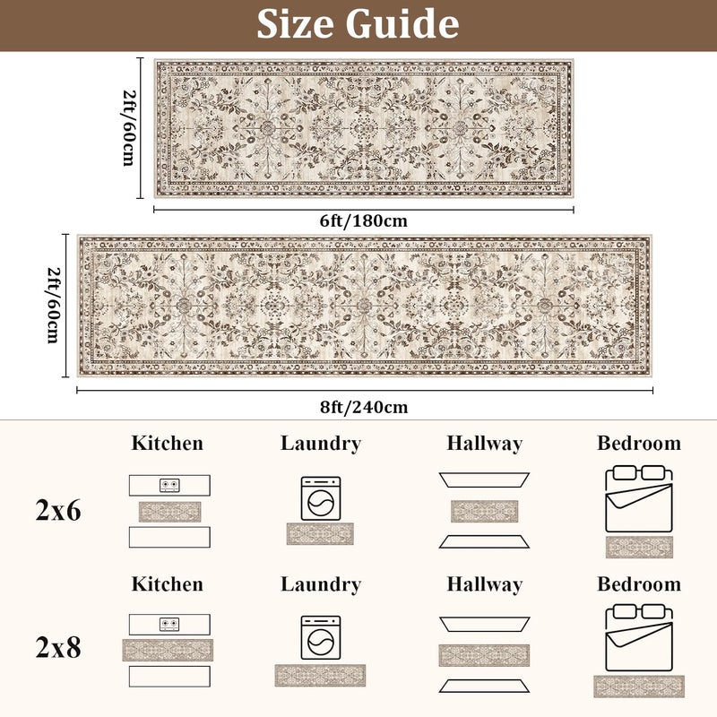 Yamaziot Washable Runner Rug 2x8 â€“ Non Slip Boho Floral Hallway Runner Rug with Rubber Backing, Low Pile Faux Wool Distressed Carpet for Kitchen, Laundry, Bedroom, Entrance, Brown - Image 5