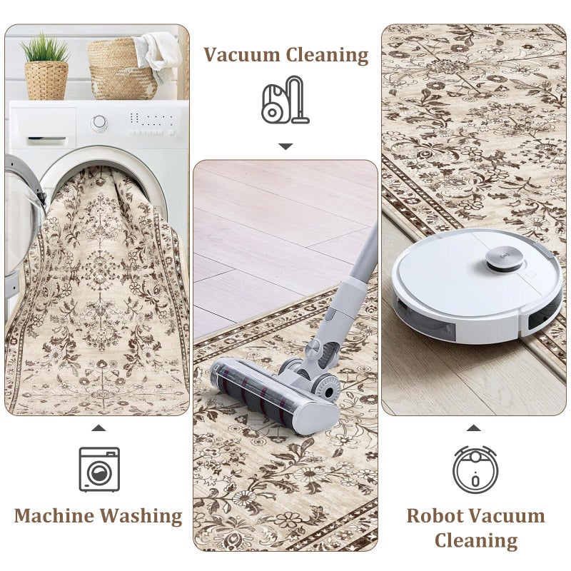 Yamaziot Washable Runner Rug 2x8 â€“ Non Slip Boho Floral Hallway Runner Rug with Rubber Backing, Low Pile Faux Wool Distressed Carpet for Kitchen, Laundry, Bedroom, Entrance, Brown - Image 4