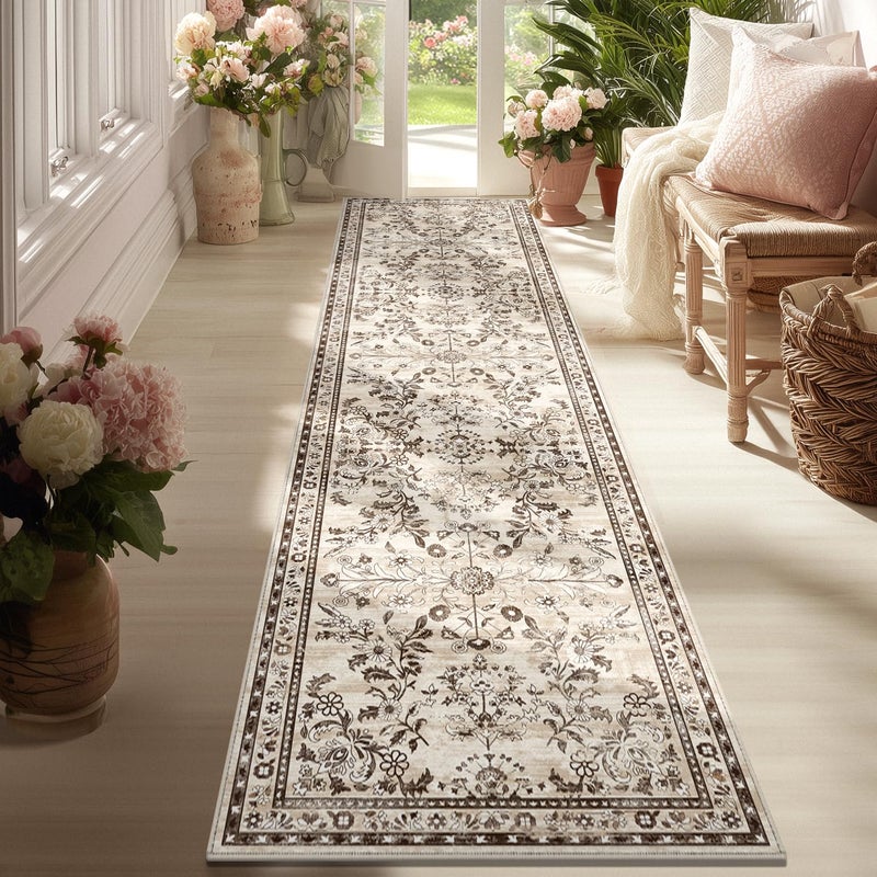Yamaziot Washable Runner Rug 2x8 â€“ Non Slip Boho Floral Hallway Runner Rug with Rubber Backing, Low Pile Faux Wool Distressed Carpet for Kitchen, Laundry, Bedroom, Entrance, Brown - Image 1