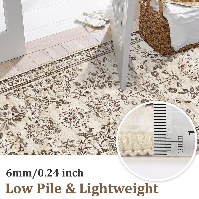 Yamaziot Washable Runner Rug 2x8 â€“ Non Slip Boho Floral Hallway Runner Rug with Rubber Backing, Low Pile Faux Wool Distressed Carpet for Kitchen, Laundry, Bedroom, Entrance, Brown - Image 2
