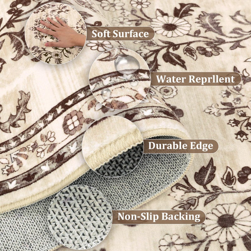 Yamaziot Washable Runner Rug 2x8 â€“ Non Slip Boho Floral Hallway Runner Rug with Rubber Backing, Low Pile Faux Wool Distressed Carpet for Kitchen, Laundry, Bedroom, Entrance, Brown - Image 3