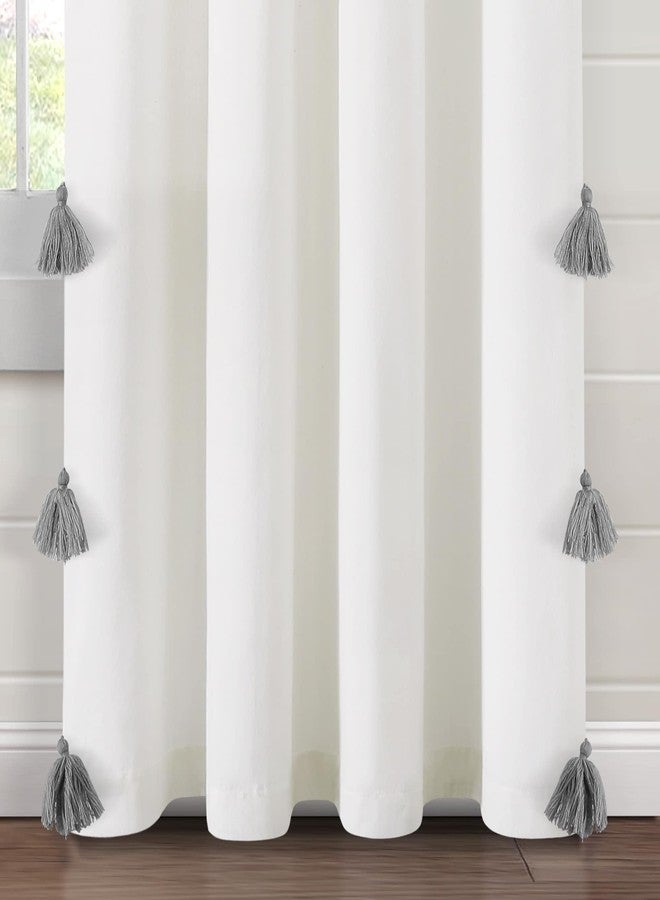 Lush Decor Boho Faux Linen Texture Tassel Window Curtain Panel (Single Panel), 84" L x 52" W, White & Neutral - Image 2