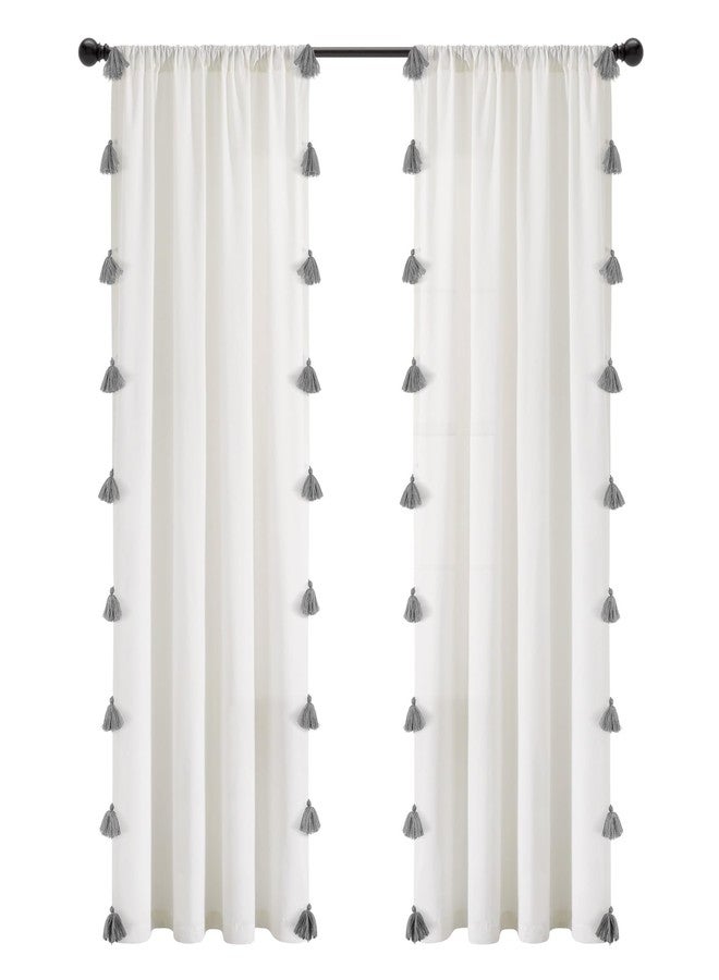Lush Decor Boho Faux Linen Texture Tassel Window Curtain Panel (Single Panel), 84" L x 52" W, White & Neutral - Image 1