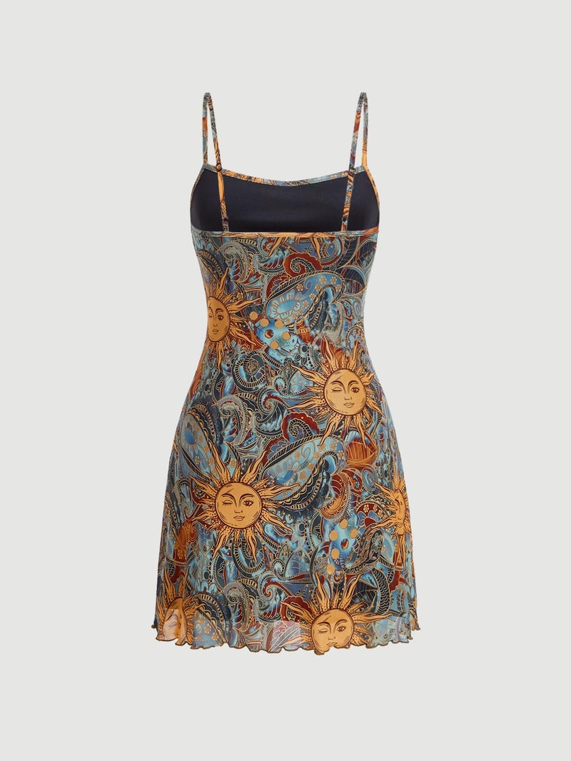 Floerns Women's Summer Spaghetti Strap Cowl Neck Satin Mini Tropical Dress Blue Yellow Small - Image 3