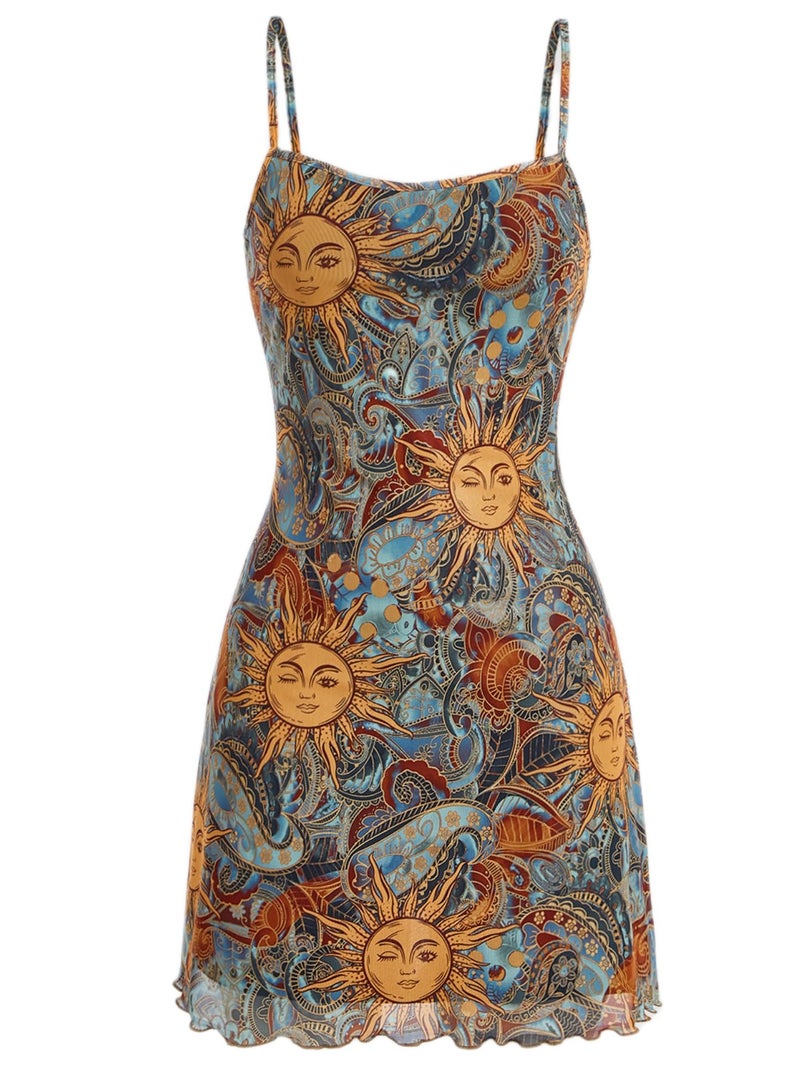 Floerns Women's Summer Spaghetti Strap Cowl Neck Satin Mini Tropical Dress Blue Yellow Small - Image 1
