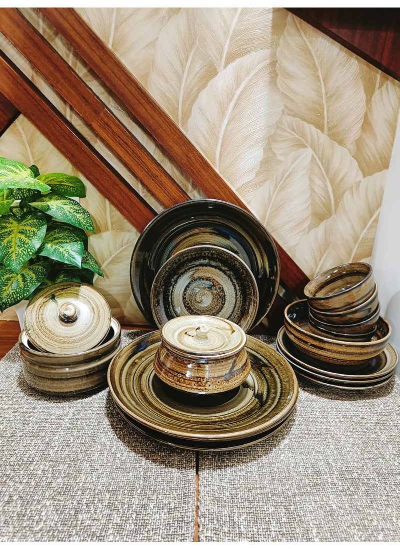Caffeine Caffeine Ceramic Handmade Stoneware Wooden Brown Combo Dinner Set (15 pcs. Microwave & Dishwasher Safe)  - Image 1