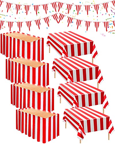 Chumia 10 Pcs Carnival Theme Party Decorations Circus Decorations Carnival Table Skirts Carnival Tablecloths Red White Striped Pennant Banners Circus Carnival Bunting Banners for Carnival Circus - Image 1