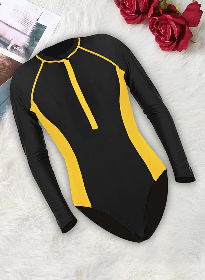 MARGOUN XL Size Surf suit for women long sleeve rash guard women's surf suit one piece swimsuit tight front zip top striped swimming shirts wetsuits Yellow / XL(Bust 96-101/Waist 76-81/Hip 101-106)