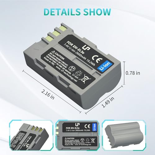 LP EN-EL3e Battery Pack, 2-Pack 2600mAhBattery for Nikon EN-EL3, El3e, El3a, Compatible with Nikon D50, D70, D70s, D80, D90, D100, D200, D300s, D700 MH-18, MH-18a, MH-19, MB-D200, MB-D10 Series & More - Image 4