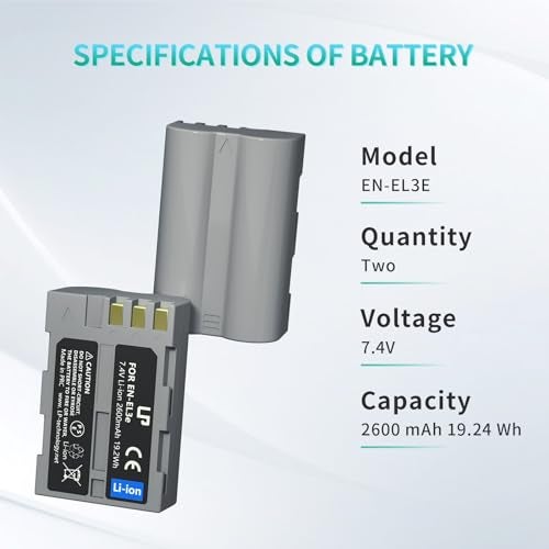 LP EN-EL3e Battery Pack, 2-Pack 2600mAhBattery for Nikon EN-EL3, El3e, El3a, Compatible with Nikon D50, D70, D70s, D80, D90, D100, D200, D300s, D700 MH-18, MH-18a, MH-19, MB-D200, MB-D10 Series & More - Image 5