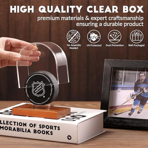 JupDec Hockey Puck and Collectibles Display Case Premium Acrylic Clear Box Puck Holder with Mahogany Wood Base Showcase for Autographed Souvenir Memorabilia Collectible Figure Stand - Image 3