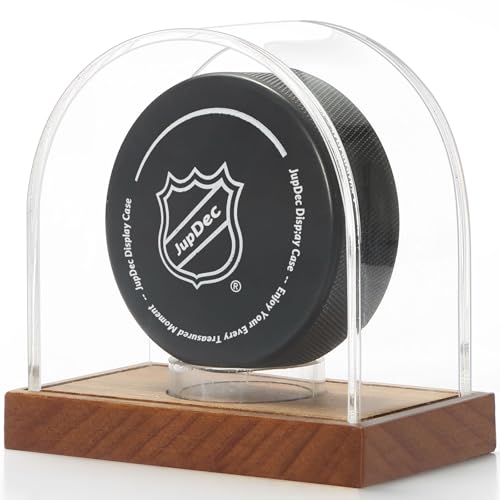 JupDec Hockey Puck and Collectibles Display Case Premium Acrylic Clear Box Puck Holder with Mahogany Wood Base Showcase for Autographed Souvenir Memorabilia Collectible Figure Stand - Image 1