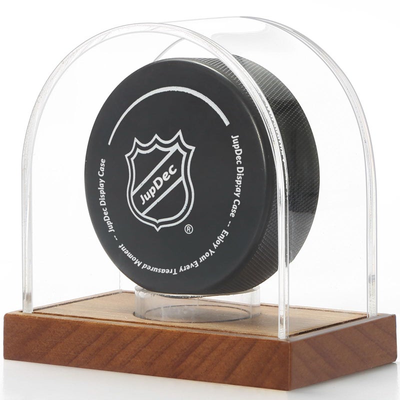 JupDec Hockey Puck and Collectibles Display Case Premium Acrylic Clear Box Puck Holder with Mahogany Wood Base Showcase for Autographed Souvenir Memorabilia Collectible Figure Stand - Image 2