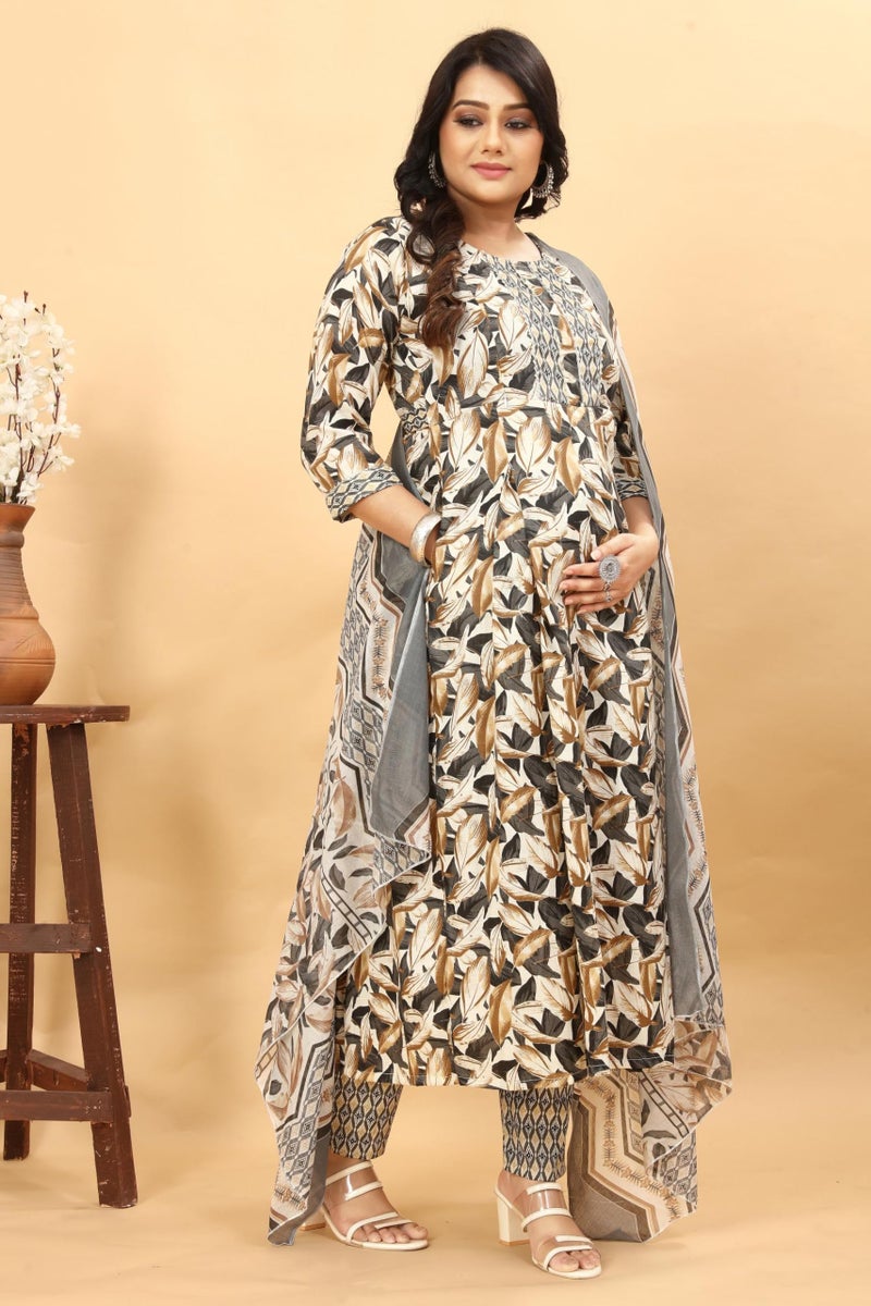 SKY FAB Women Viscose Rayon Anarkali Maternity and Nursing Kurta Set with Dupatta - Beige, Black, and Grey Floral and Geometric Pattern, 3/4 Sleeves, Comfortable Fit - Image 5