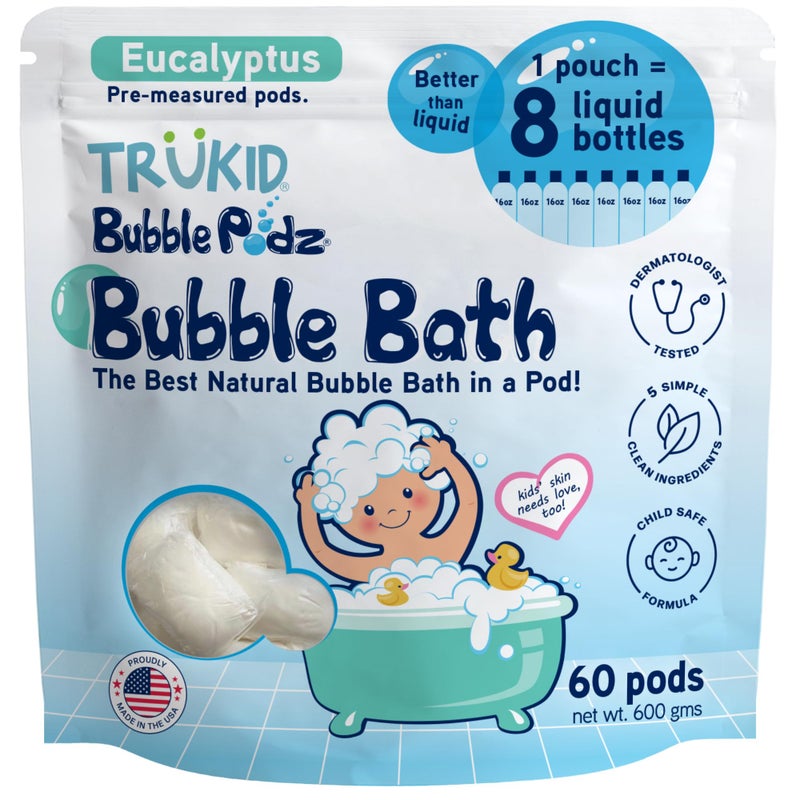 TruKid Bubble Podz Bubble Bath for Kids, Toddlers, & Babies, Tear Free Gentle & Refreshing Bath Bomb for Sensitive Skin with Natural Moisturizers, Non-Toxic, pH Balanced, Eucalyptus Scent (60 Podz) - Image 1