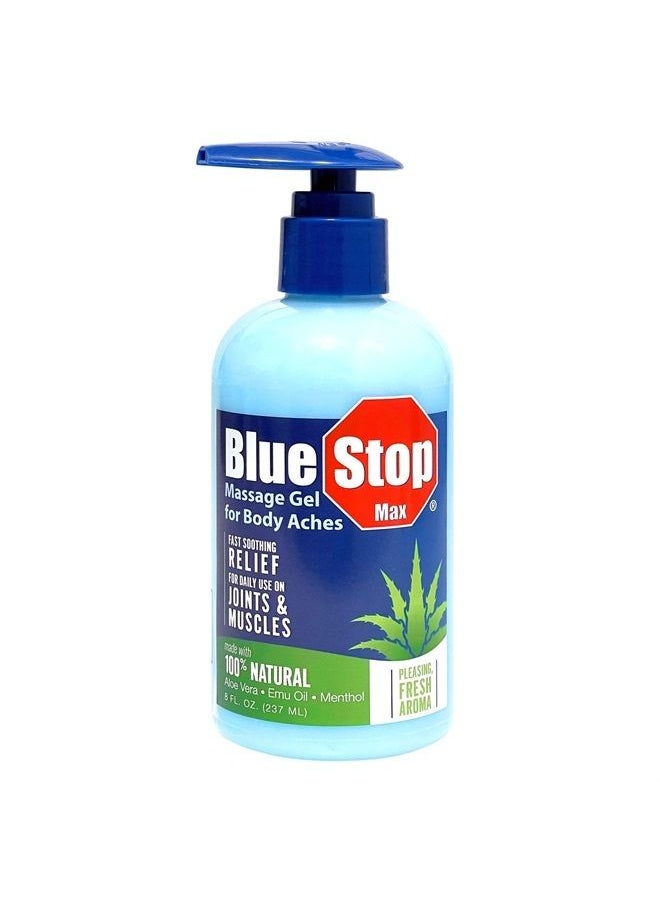 Blue Stop Max - Massage Gel and Muscle Rub Made with Aloe Vera, Emu Oil, and Menthol - Provides Muscle, Joint, and Body Ache Relief - Non-Greasy for Everyday Relief - 8 Oz Pump Bottle - Image 1