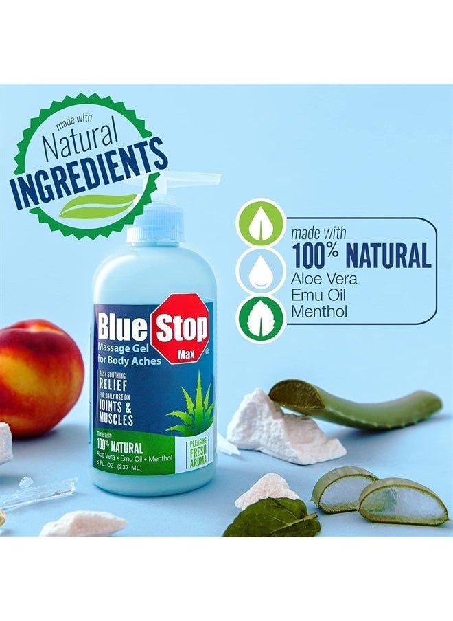 Blue Stop Max - Massage Gel and Muscle Rub Made with Aloe Vera, Emu Oil, and Menthol - Provides Muscle, Joint, and Body Ache Relief - Non-Greasy for Everyday Relief - 8 Oz Pump Bottle - Image 1