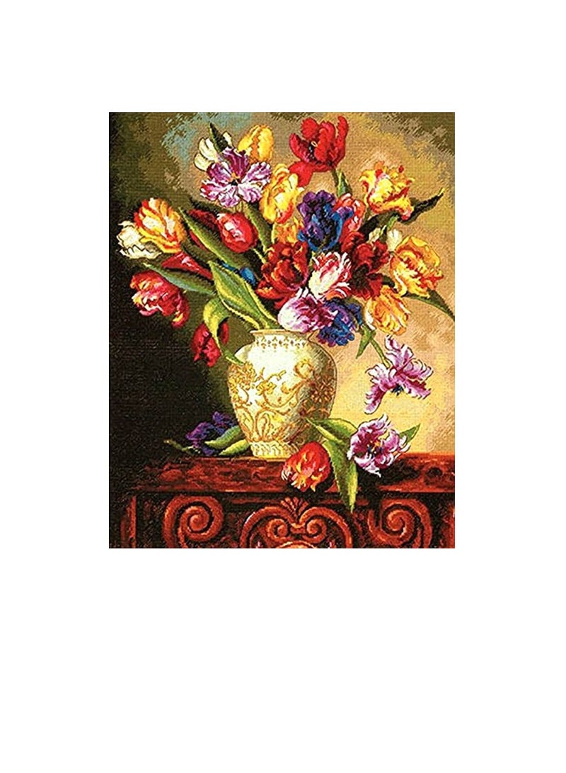 Cross Counted Gold Cross Stitch Kit Parrot Tulips Flowers - Image 1