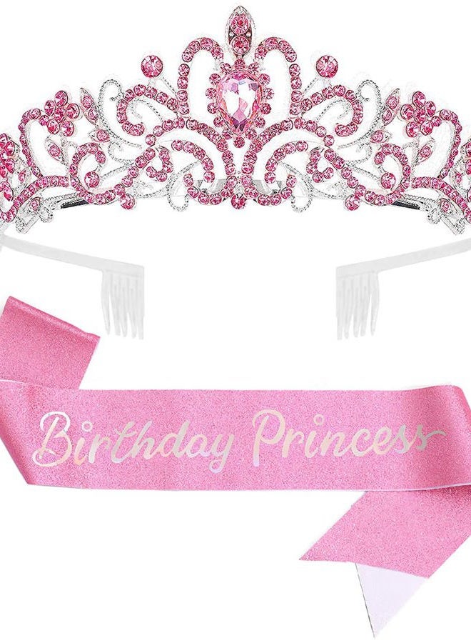 Papoopy Birthday Girl Tiara and Crown with Sash for Women and Girls, Hair Accessories for Wedding Party Costume (C- Pink) - Image 1