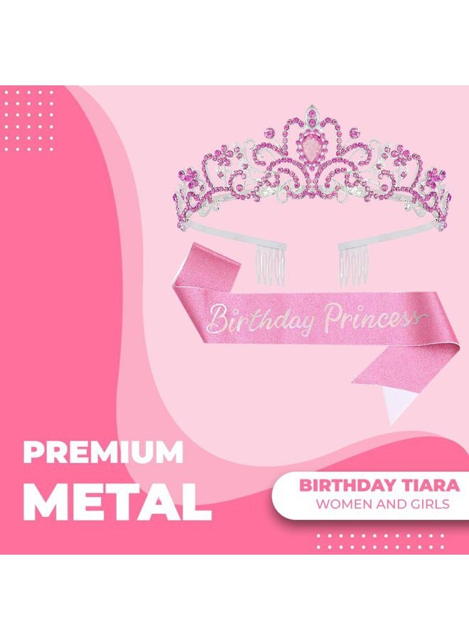Papoopy Birthday Girl Tiara and Crown with Sash for Women and Girls, Hair Accessories for Wedding Party Costume (C- Pink) - Image 2