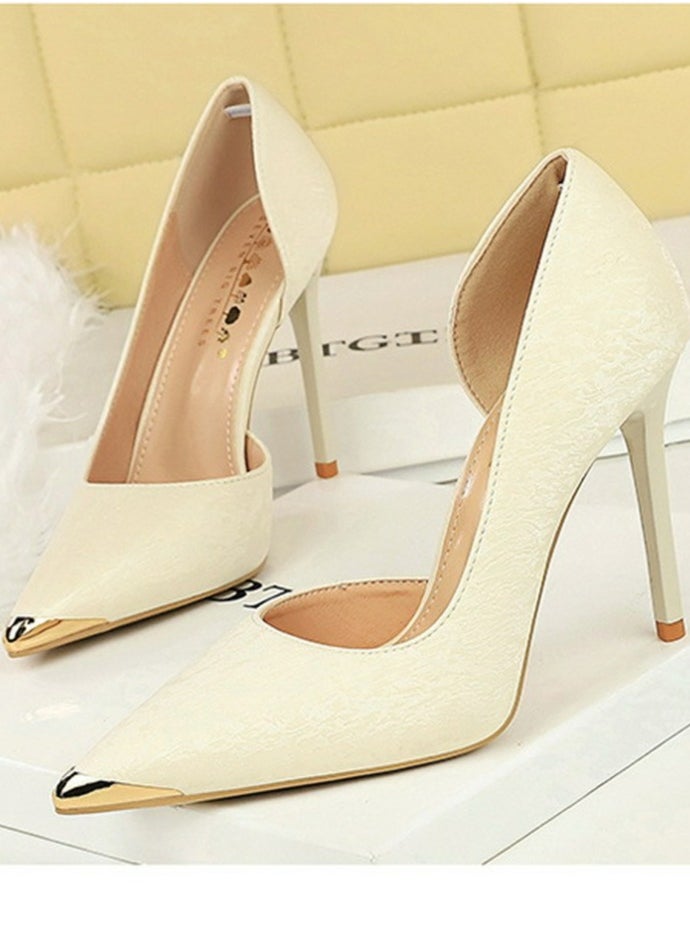 BIGTREE Women's Metal Closed Pointed Toe Party Stiletto Pumps Satin Daily High Heels 10.5CM White  - Image 1