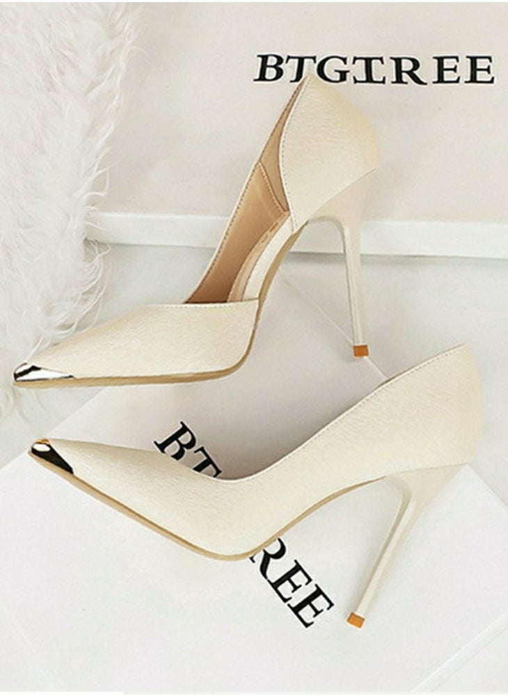 BIGTREE Women's Metal Closed Pointed Toe Party Stiletto Pumps Satin Daily High Heels 10.5CM White  - Image 3