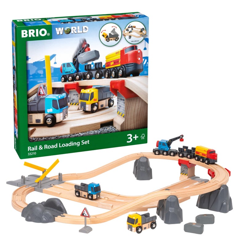 Brio مجموعة تحميل السكك الحديدية من BRIO World 32 قطعة معتمدة من FSC مجموعة قطار خشبي ملحقات سيارة رافعة مسطحة مسارات أكثر تعمل مع جميع مجموعات السكك الحديدية الخشبية متعة اللعب للأعمار من 3 سنوات - Image 3
