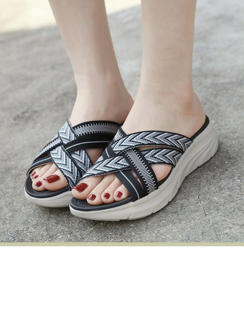 Loquat Womens Printed Wedge Sandals Slippers Casual Sport Slip On Summer Shoes Black  - Image 1