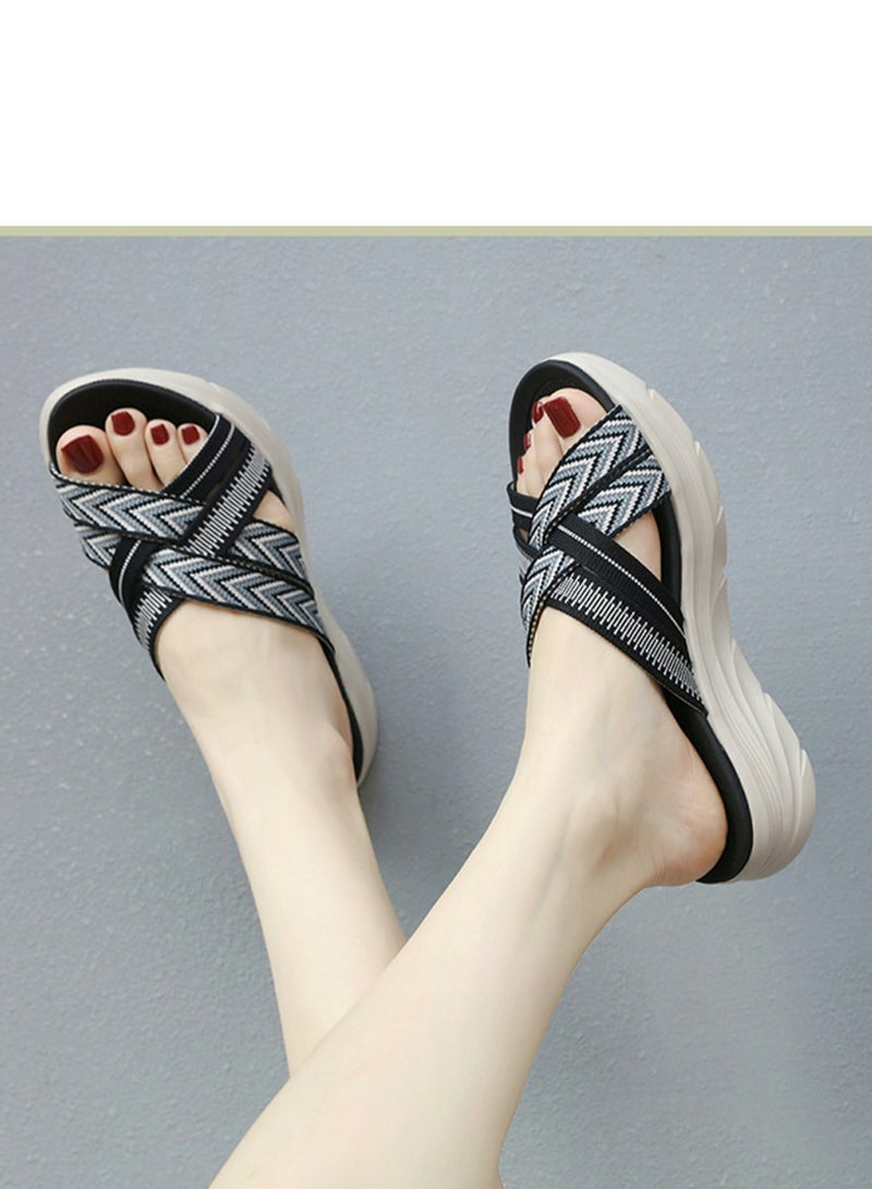Loquat Womens Printed Wedge Sandals Slippers Casual Sport Slip On Summer Shoes Black  - Image 2