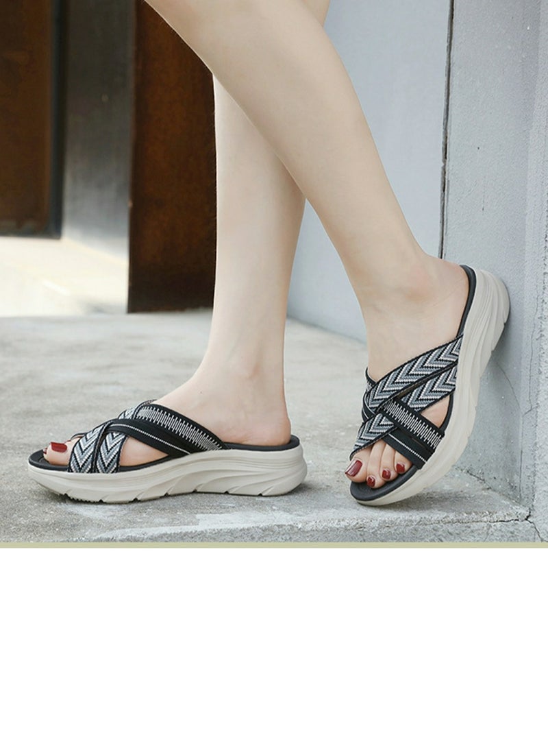 Loquat Womens Printed Wedge Sandals Slippers Casual Sport Slip On Summer Shoes Black  - Image 3