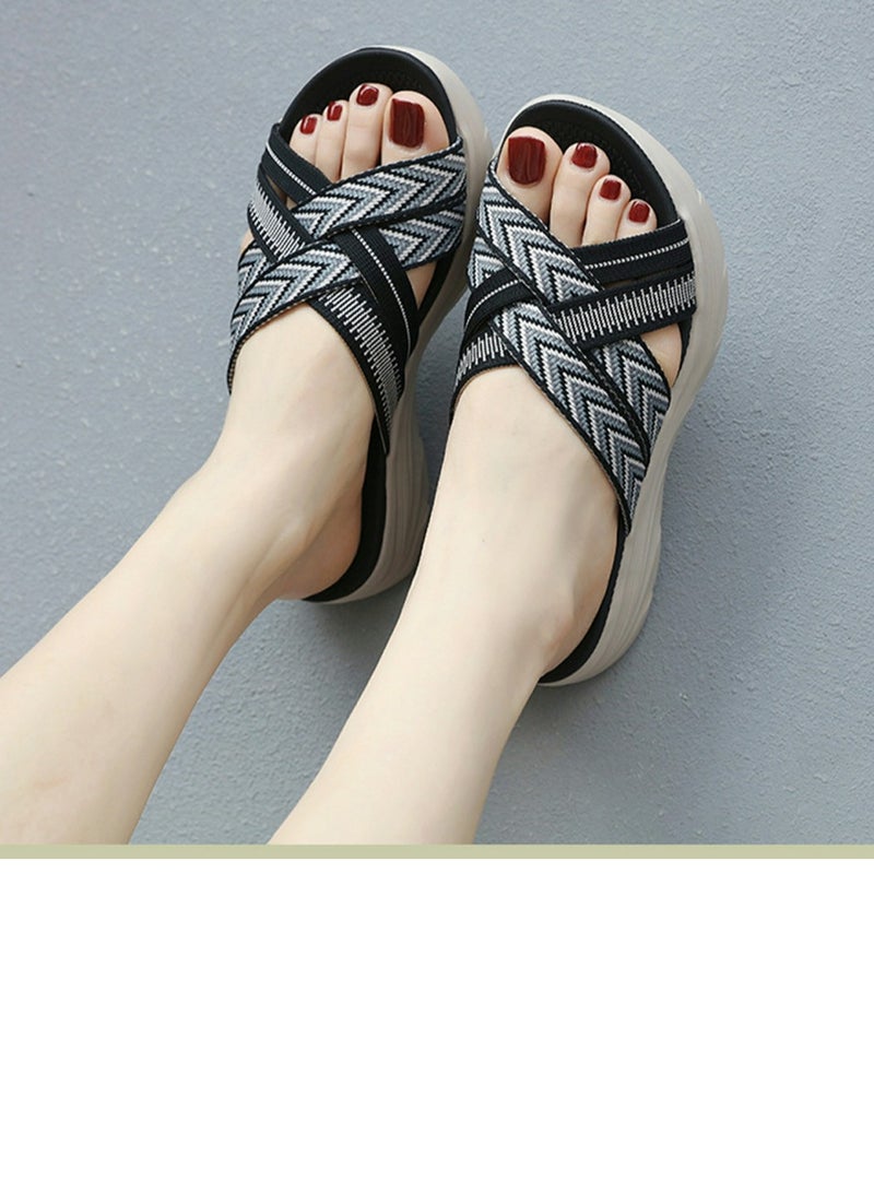 Loquat Womens Printed Wedge Sandals Slippers Casual Sport Slip On Summer Shoes Black  - Image 4
