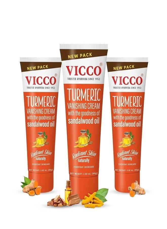 Vicco Turmeric Vanishing Cream with Sandalwood Oil by Vicco – 70 Year Legacy of Ayurveda, with Turmeric for Daily Skincare, Lightweight Formula, Vegan, 100% Natural – 2.82 oz (3 Pack)