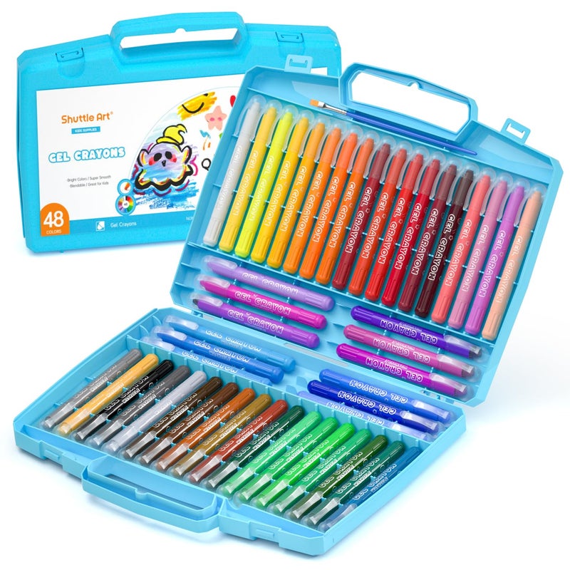Shuttle Art 48 Colors Gel Crayons for Toddlers, Non-Toxic Crayons Set with 1 Brush and Foldable Case for Kids Children Coloring, Crayon-Pastel-Watercolor Effect, Ideal for Window Paper Glass - Image 1