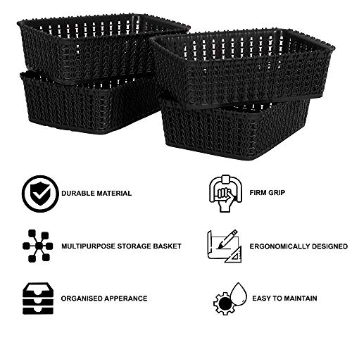 Cutting EDGE Plastic Multipurpose Sturdy Storage Baskets For Cosmetics Office Fruit Vegetable Bathroom Stationary Home Basket with Handle - Black (Set of 4, Mini) - Image 4