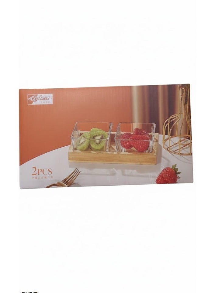 طقم مكون من قطعتين من أوعية الحلوى والوجبات الخفيفة الزجاجية مع صينية من الخيزران