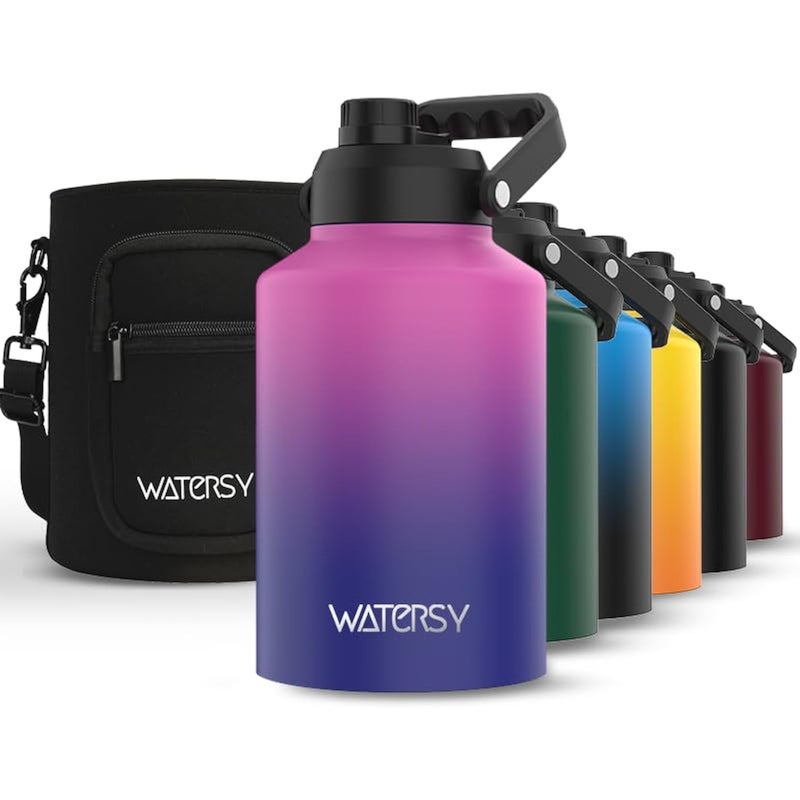 WATERSY 1 Gallon Water Bottle InsulatedCold for 48 HrsBPA FreeLeak Proof128oz Stainless Steel Water JugBig thermoLarge Water Bottle with Handle for GymHikingCampingTravelGradient Purple
