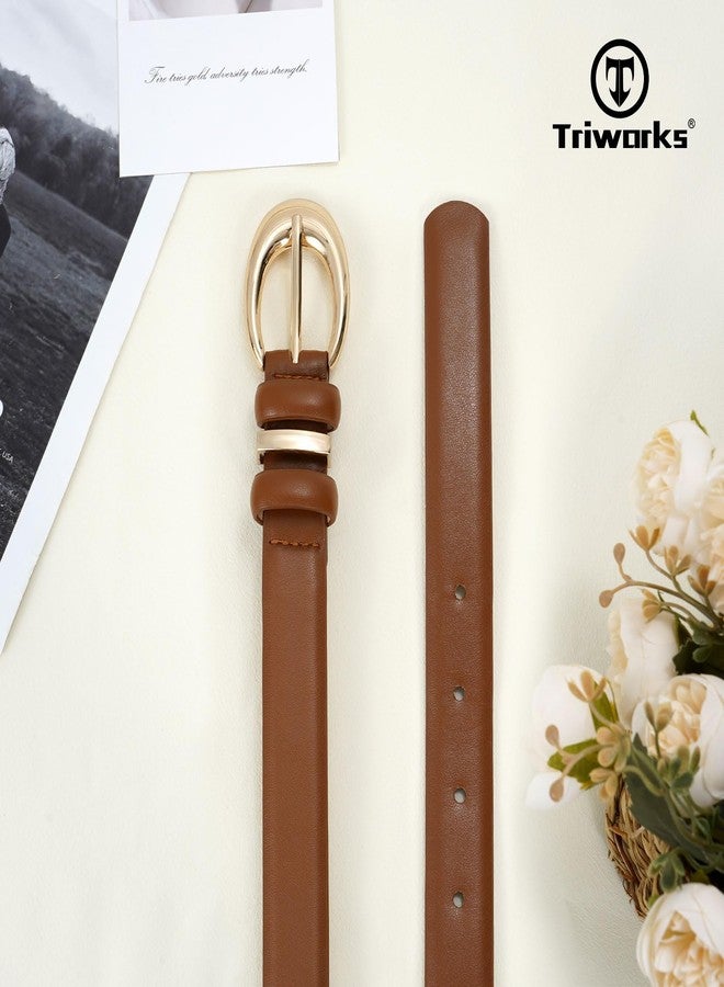 TRIWORKS Women Leather Belt for Jeans Pants Fashion Ladies Skinny Faux Leather Dress belt with Gold Buckle, Brown, Fit Waist Size 27"-31" - Image 2
