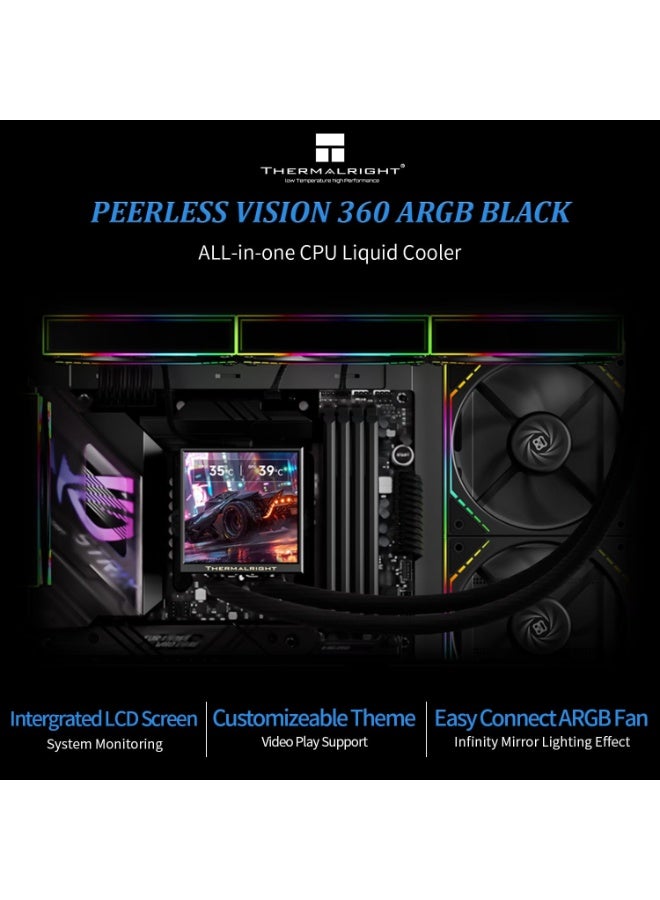ثيرمالرايت مبرد المعالج Thermalright Peerless Vision 360 ARGB أسود، نظام تبريد مائي متكامل، شاشة IPS LCD مقاس 3.95 بوصة بدقة 480x480، متوافق مع معالجات AM4/AM5؛ Intel 1700/1851، مزود بثلاث مراوح توصيل لاسلكية. - Image 2
