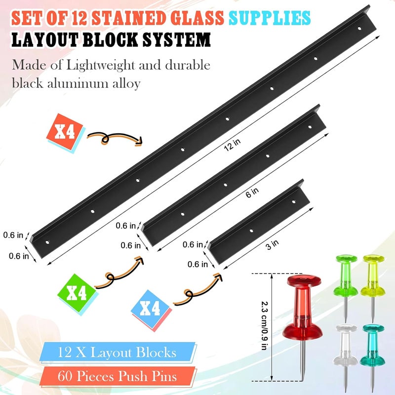 Spakon 12 Pcs Stained Glass Supplies Layout Block System 12 Inch 6 Inch 3 Inch for Stained Glass Panels with 60 Mix Color Push Pins Tools, 3 Sizes (Black) - Image 3