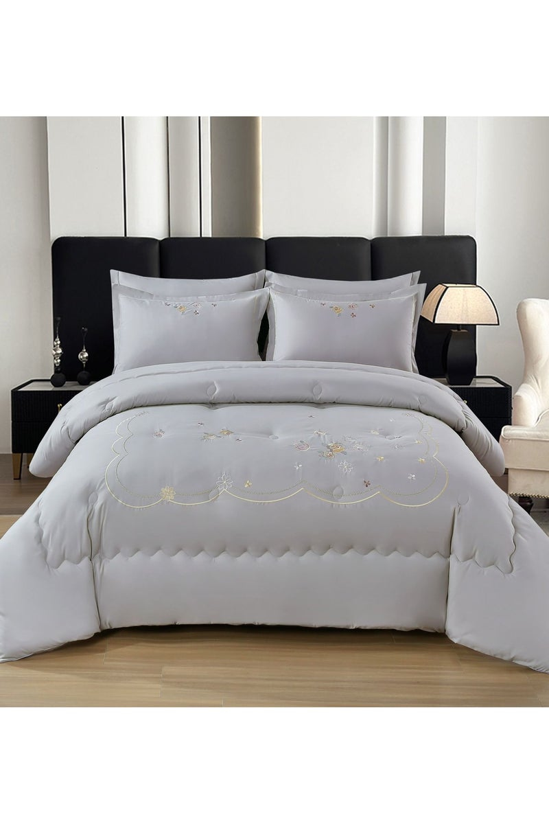 Comfy King Size Royalty Collection Floral Embroidered Grey Cotton 6Pc Comforter Set