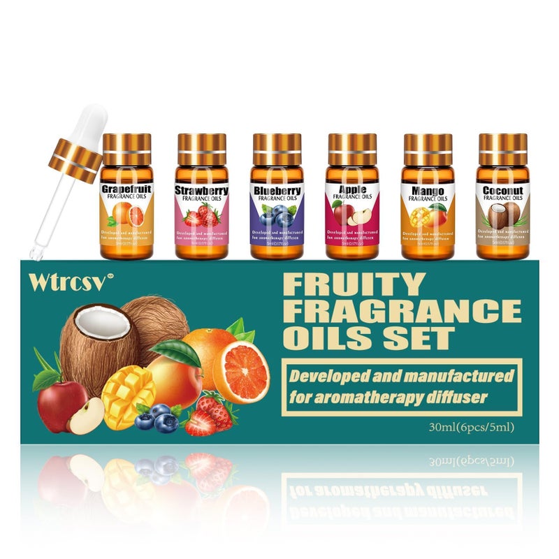 Wtrcsv Fruity Fragrance Oil for Candle Making,Soap Making,Aromatherapy Diffuser, 6 Pcs Fragrance Oils -Coconut,Blueberry,Grapefruit,Apple,Strawberry,Mango (5ml) - Image 1