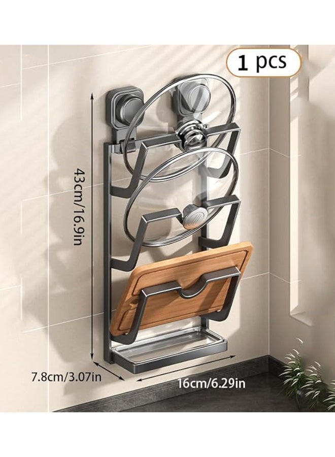 RollsTimi  Wall Mounted Pot Lid Organizer, 3-Tier Kitchen Storage Rack with Suction Cup, Gray Metal Frame with Drip Tray, 16.9x3.07x6.29 Inch - Image 1