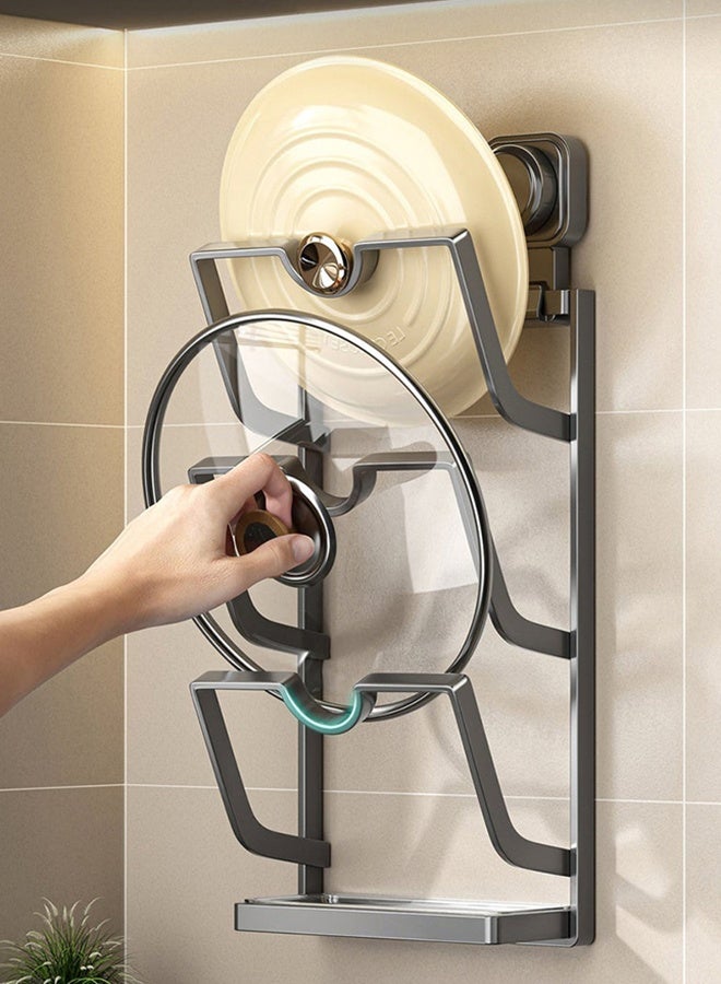 RollsTimi  Wall Mounted Pot Lid Organizer, 3-Tier Kitchen Storage Rack with Suction Cup, Gray Metal Frame with Drip Tray, 16.9x3.07x6.29 Inch - Image 5